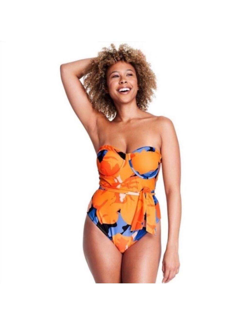 Tabitha Brown Target Orange Black Underwire Strapless 1 pc Swimsuit Swim XS NEW